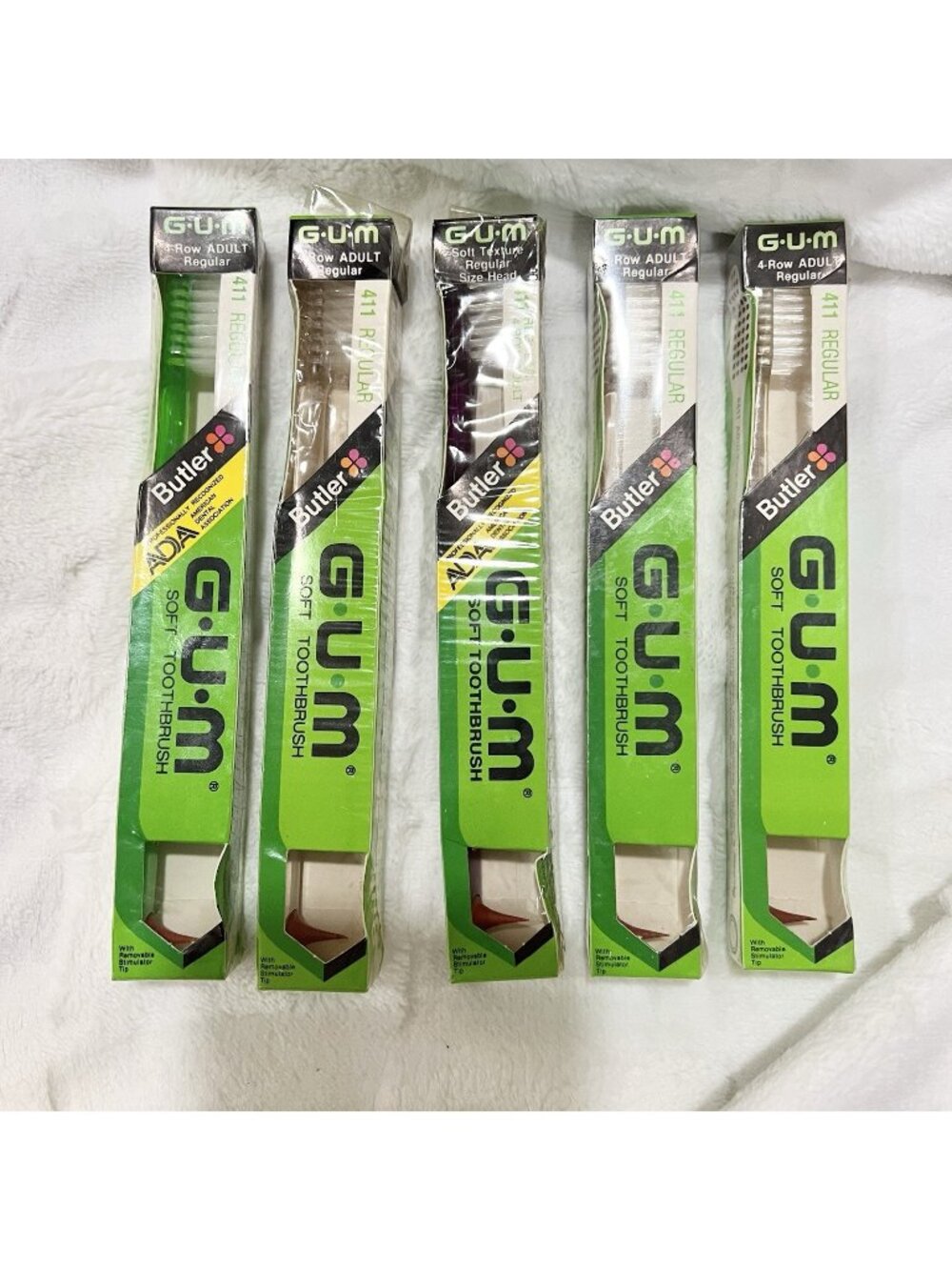 5 Butler GUM Toothbrush 411 Adult 4 Row Soft Rounded Velvet Tip Nylon Vintage